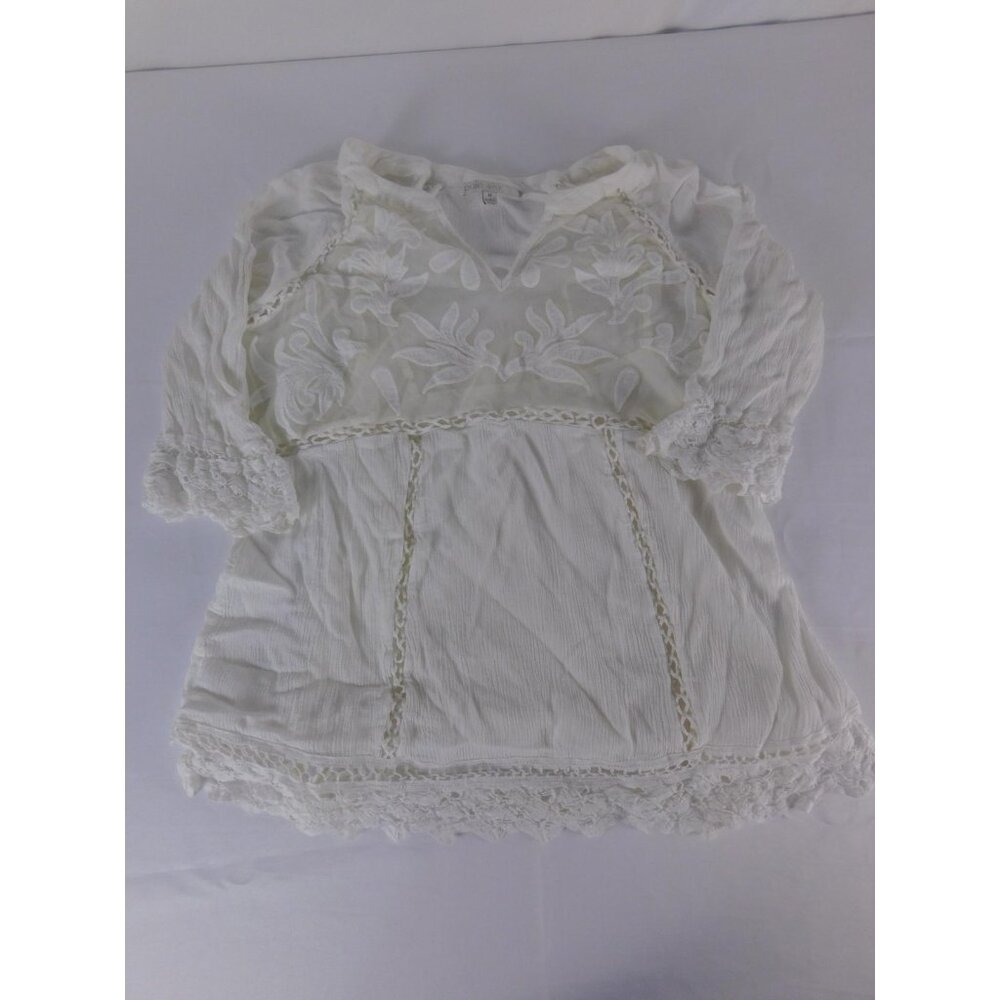 Pale Sky Blouse Womens Medium White Lace Crochet Embroidered 3/4 Sleeve Boho Top
